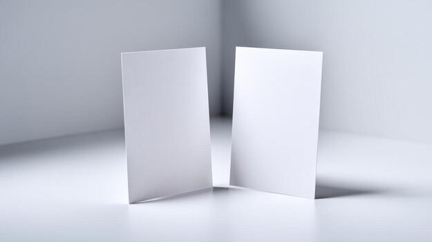 dos blanco vertical tarjetas Bosquejo desplegado en un limpiar blanco habitación para producto presentación foto
