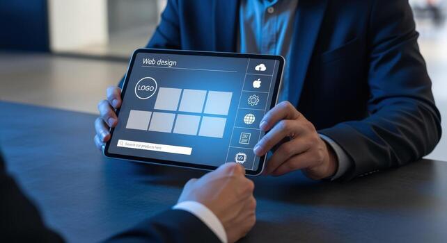 Collaborative Web Design Process Displayed on Digital Tablet for Business Presentation and Strategy Discussion photo