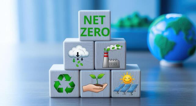 Net Zero Target Concept Sustainable Development Goals and Carbon Neutrality Initiative Presentation, with Renewable Energy Icons photo