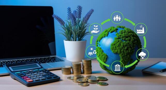 Sustainable Investment Concept with Globe, Coins, and Technology for Green Business and Environmental Responsibility photo