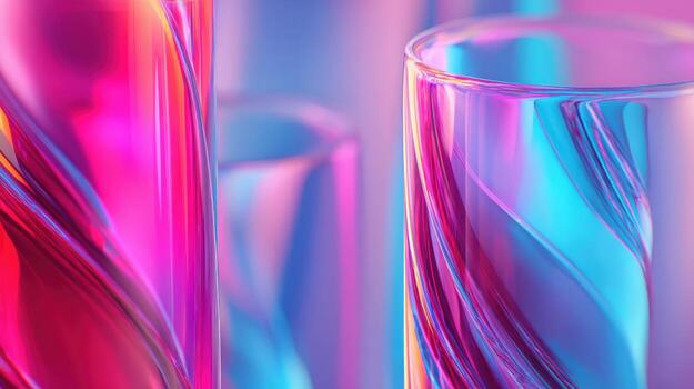 Abstract Glassware with Swirl Design Reflecting Vibrant Pink and Blue Colors in a Modern Composition photo