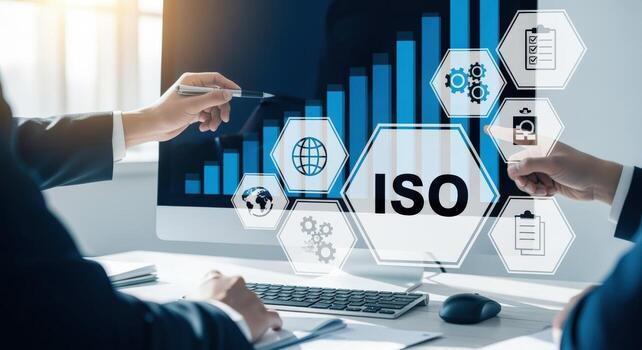 ISO Standards Compliance and Quality Assurance Concept with Business Professionals Presenting on Computer Screen in Office Environment photo