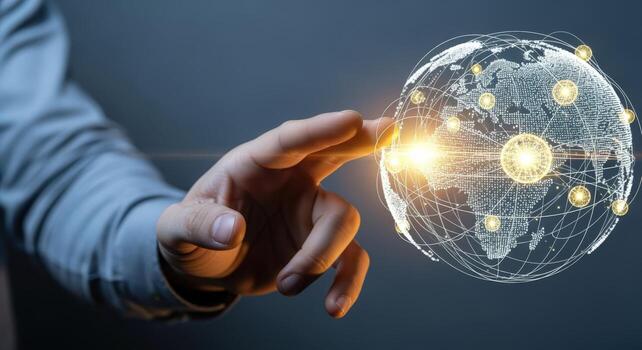 Global Network Connection Concept Hand Interacting with Digital World Map Interface, Representing Communication and Technology photo