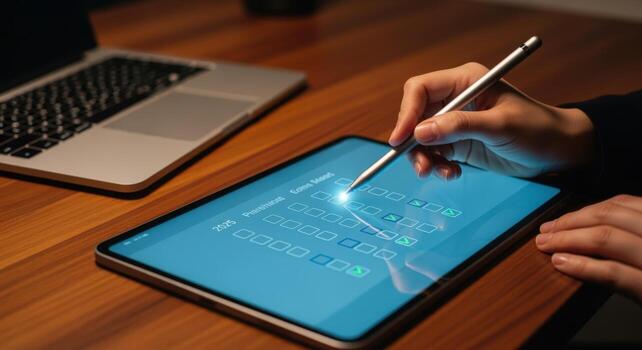 Digital Professional Reviews Data on a Tablet Device Using a Stylus, Laptop in Background photo