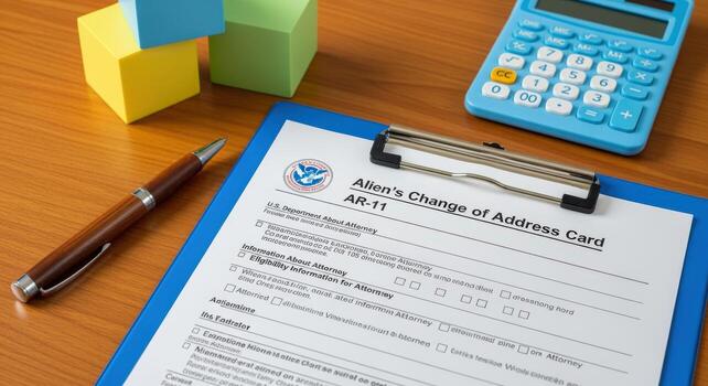 Immigration Change of Address Form on Clipboard with Pen and Calculator for Legal Documentation photo