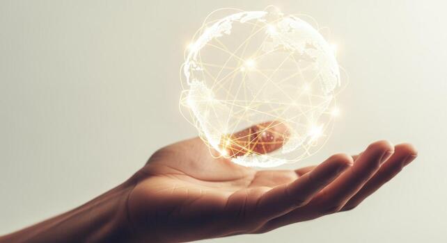 Global Network Connection Concept Hand Holding Digital Sphere Representing Worldwide Communication and Technology photo
