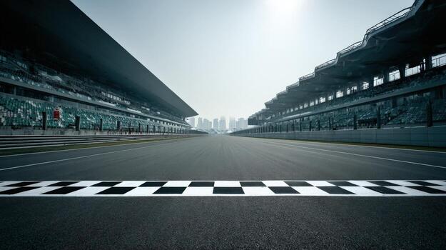Racing Circuit Perspective with Finish Line, Grandstands, and Cityscape Background, Ideal for Motorsport Themes photo