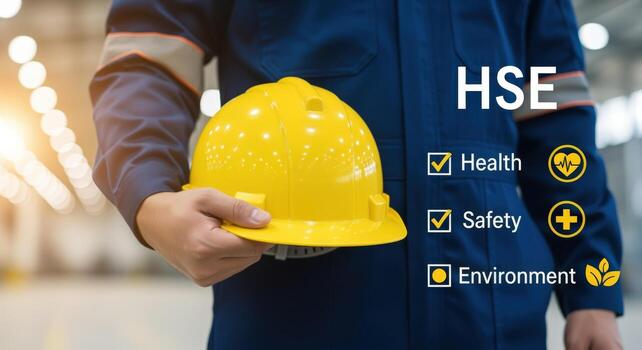 Worker Holds Yellow Hard Hat Representing Health, Safety, and Environment Management System in Industrial Setting photo