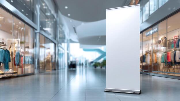 Blank Roll-Up Banner Stand Mockup in a Modern Shopping Mall for Advertisement Design photo