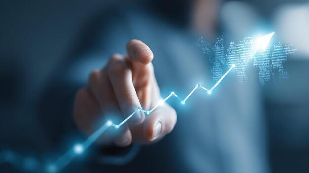 Interactive Data Visualization Hand Interacting with Glowing Chart Representing Growth and Financial Success photo