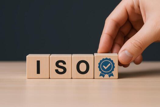 Quality Standards Concept Hand Arranging Wooden Blocks Spelling Out ISO with Compliance Symbol on Table photo