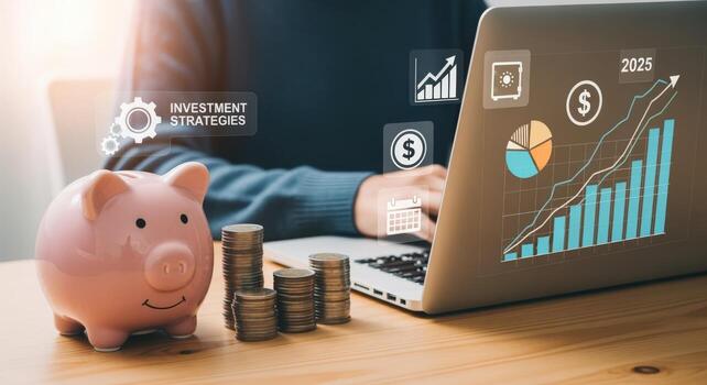 Investment Strategy Analysis with Piggy Bank, Coins, and Data Visualization on Laptop, Aiming for Growth by 2025 photo
