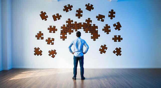 hombre frente a un pared con flotante rompecabezas piezas, simbolizando resolución de problemas y estratégico pensamiento, en un brillante interior foto