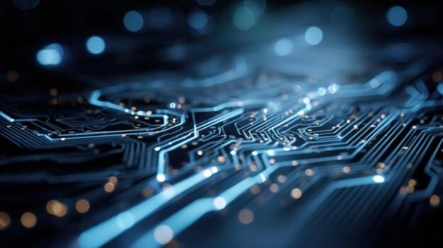 Abstract Circuit Board Design with Glowing Traces for Technological Innovation and Digital Connectivity photo