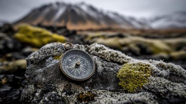 Vintage Compass on Mossy Rock in Iceland Landscape Guiding Exploration and Adventure photo
