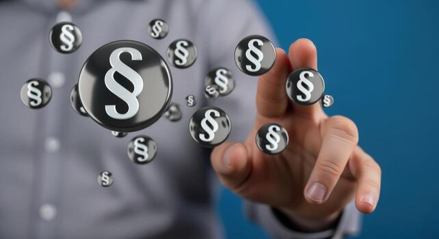 Legal Advice and Justice System Concept Mans Hand Pointing to Floating Paragraph Symbols photo