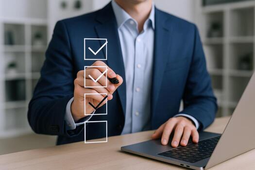 Businessman Completing Checklist with Pen and Laptop Project Management and Task Completion Concept photo