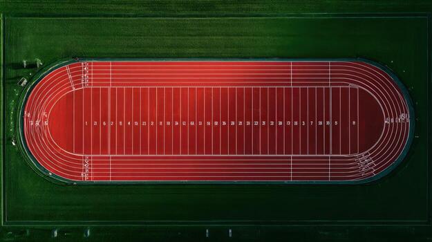 Aerial View of a Red Running Track Surrounded by Green Field for Sports and Athletics photo