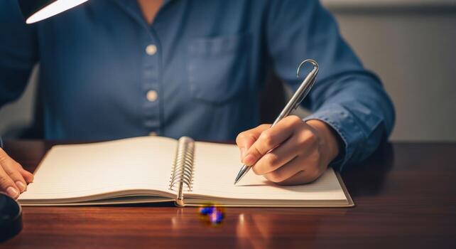 Woman Writes in Journal Under Lamp, Capturing Thoughts and Ideas in a Peaceful, Focused Environment photo