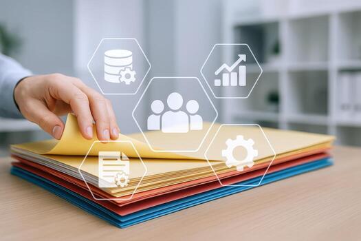 Data Management Concept Hand with Folders and Data Icons for Business Strategy and Analysis photo