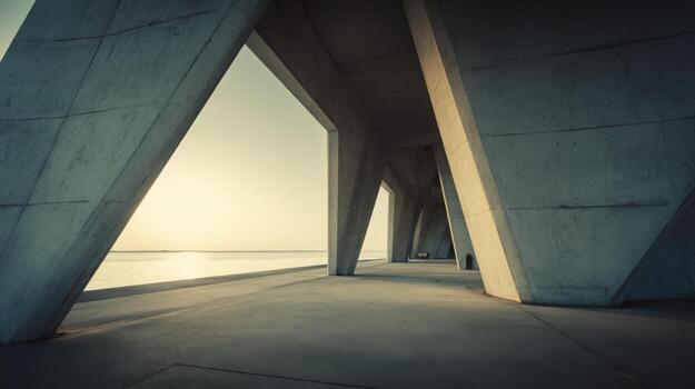 Architectural Marvel Concrete Pier Structure with Water Views at Sunset, Providing a Unique Perspective and Modern Design photo