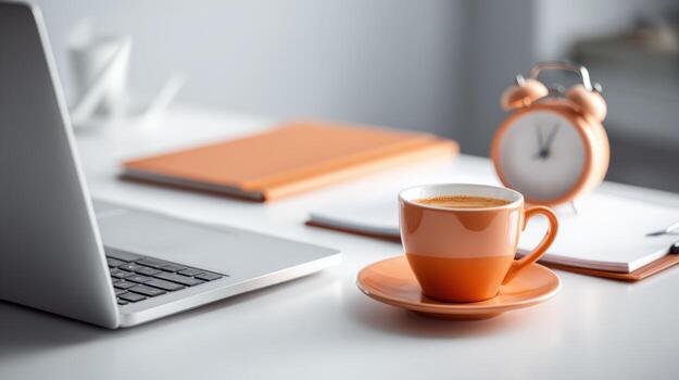 Workspace with Coffee Cup, Laptop, and Clock on a White Desk photo