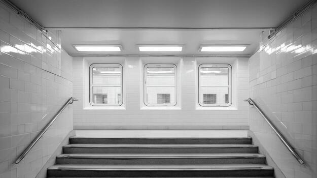Urban Architecture Black and White Stairway Leading to Three Window Openings with Natural Light photo