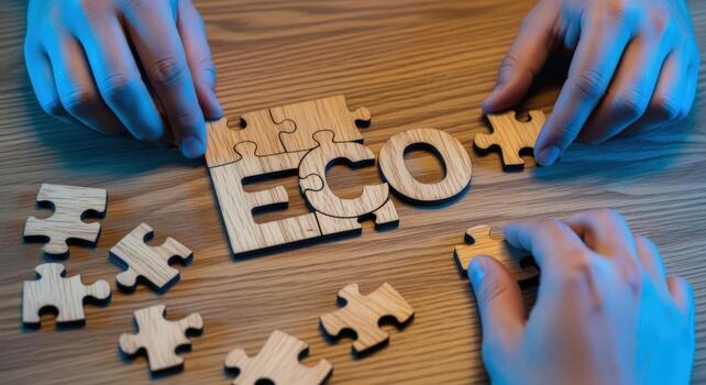 Assembling Eco from Wooden Puzzle Pieces Symbolizing Environmental Solutions and Sustainable Practices on a Wood Table photo