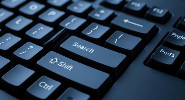 Close-up of a Dark Computer Keyboard Emphasizing the Search Button for Online Marketing Concepts photo