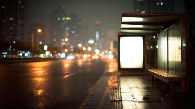 City Bus Stop at Night with Glowing Advertisement Panel and Reflections on Wet Pavement photo