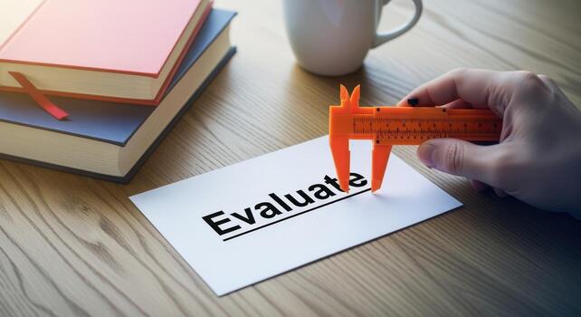 Evaluate Concept with Vernier Caliper for Measurement, Learning, Education, and Assessment, on Wooden Desk with Books photo