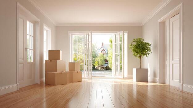 Bright, Empty Room with Moving Boxes and View to Outside, Symbolizing Relocation and New Beginnings photo