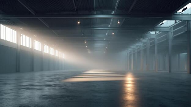 Industrial Empty Warehouse Space with Sunlight Streaming Through Windows, Ideal for Manufacturing or Storage photo