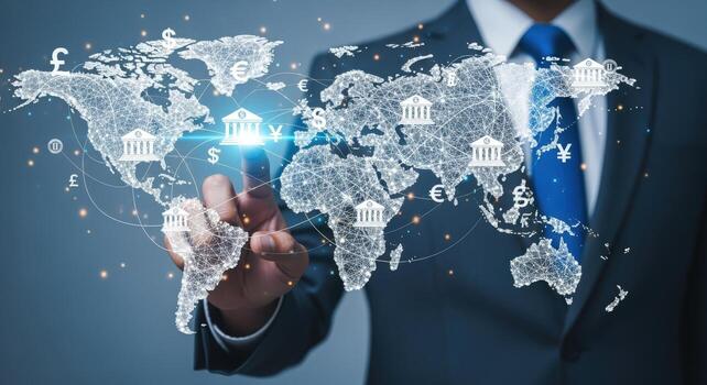 Global Finance Network Businessman Interacting with Digital World Map Representing International Banking and Financial Transactions photo