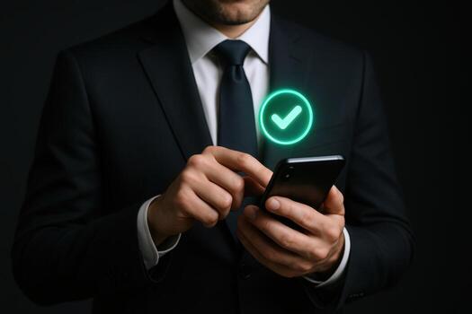 Businessman using smartphone, green check mark, represents approval, success, task completion, confirmation, and satisfaction photo