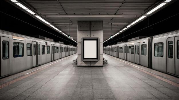 Subway Station with Blank Advertisement Billboard Mockup Display and Train Cars on Both Sides photo