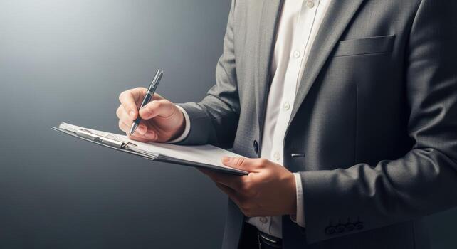 Businessman in Suit Reviewing Documents on Clipboard, Signing Contract, Isolated on Dark Background photo