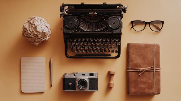 Vintage Workspace Still Life Typewriter, Camera, Notebook, and Writing Tools Flat Lay photo