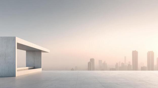Modern Rooftop Architecture Overlooking Urban Skyline at Dusk - Minimalist Concrete Design and Cityscape View photo