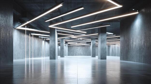 Modern Concrete Interior with LED Lighting Empty Space for Commercial Use, Industrial Design and Architecture photo