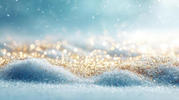 Sparkling Gold Glitter on Fresh Snow, Winter Holiday Background with Bokeh Lights and Soft Texture photo