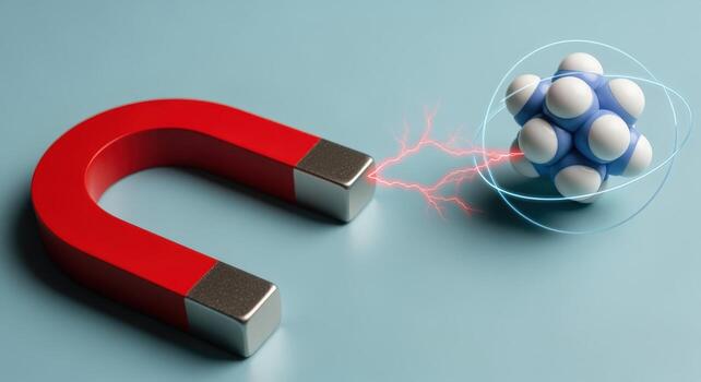 Magnet Attracting Molecule, Science Concept with Red Horseshoe Magnet on Blue Background, Demonstrating Scientific Principle photo