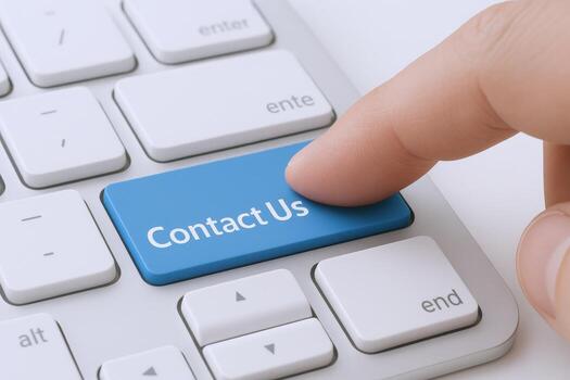 Reaching Out A Finger Presses the Contact Us Button on a Computer Keyboard, Symbolizing Communication photo