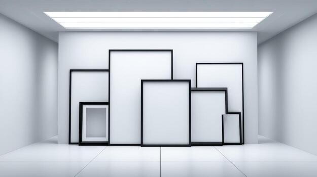 Modern Art Gallery Mockup with Multiple Frames in a Minimalist White Room Setting photo
