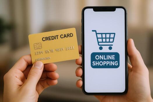 Hands Holding Smartphone with Online Shopping App and Credit Card for Secure Transaction photo