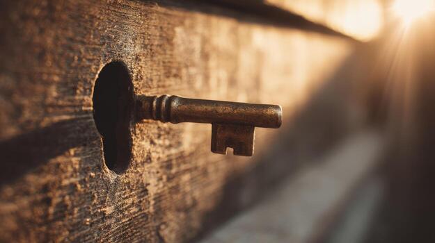 Antique Key in Lock with Golden Sunlight, Representing Opportunity, Access, and Solutions photo