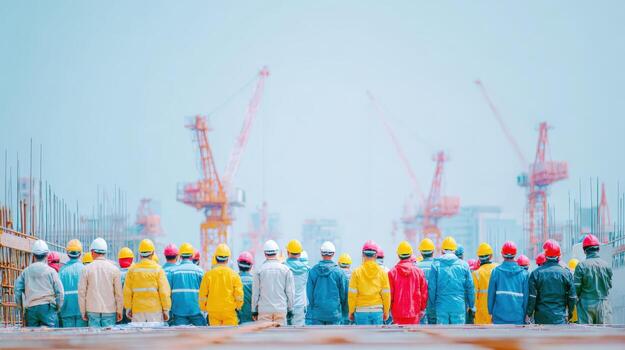 Construction Workers Overlooking Building Site with Cranes, Wearing Hard Hats and Safety Vests on Overcast Day photo
