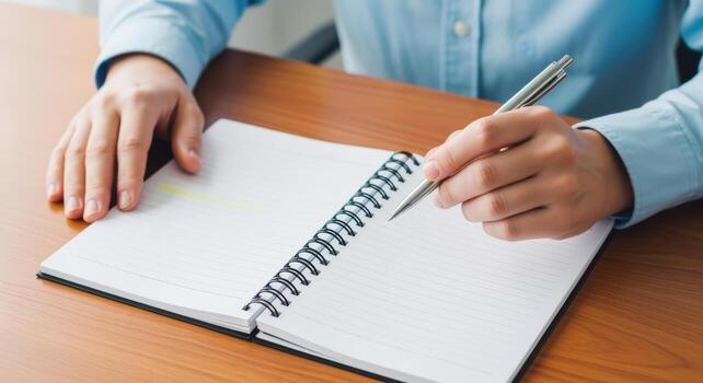 Person writing in a spiral notebook on wooden desk, highlighting text with pen in hand photo
