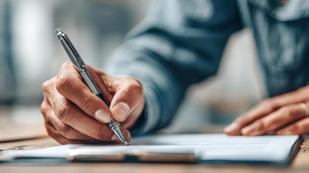 Hand Writes on Paper with Pen, Filling out Form or Signing Contract photo