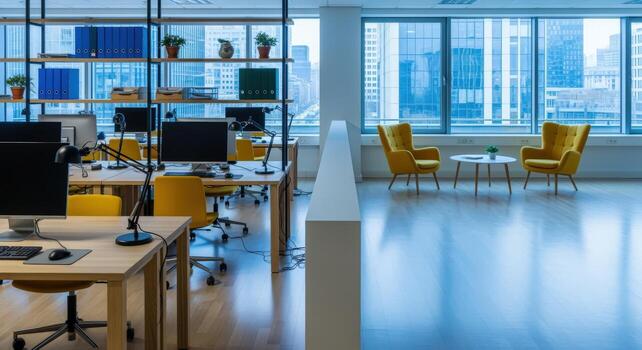 Modern Open Office Space with City View Business Interior Design and Workplace Concepts photo